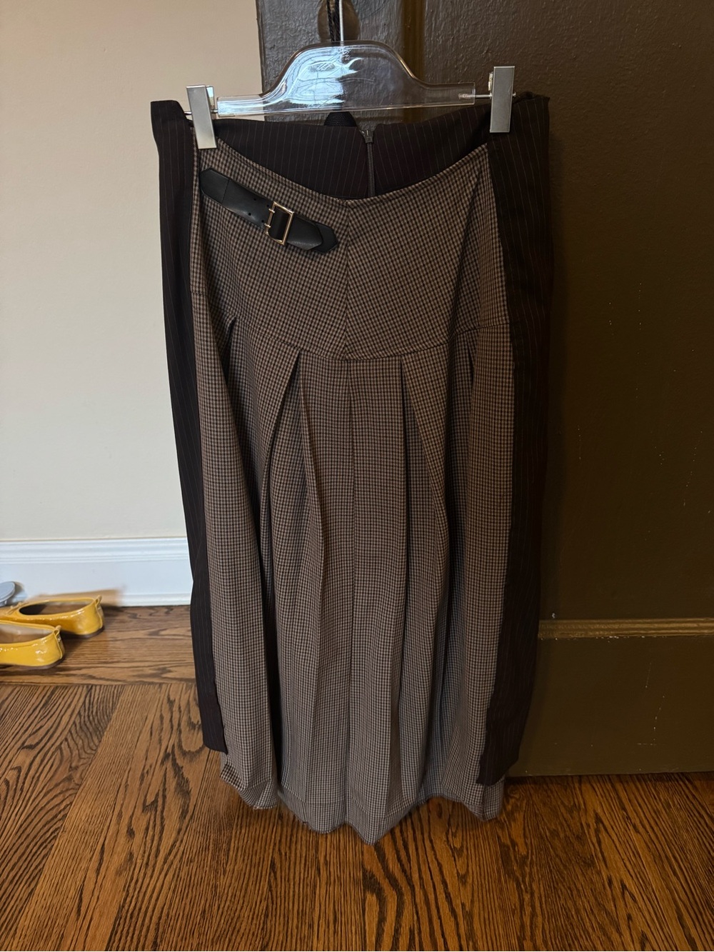 Zara Brown Check Pleated Maxi Skirt with Buckle Detail